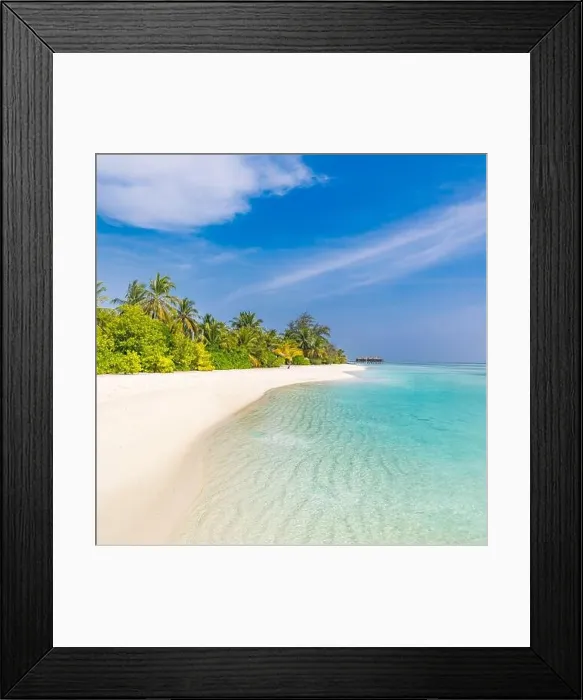 Framed Print : Tropical beach background as summer landscape with beach swing or hammock and white sand and calm sea for beach banner. Perfect beach scene vacation Framed Print : Tropical beach background as summer landscape with beach swing or hammock and white sand and calm sea for beach banner. Perfect beach scene vacation