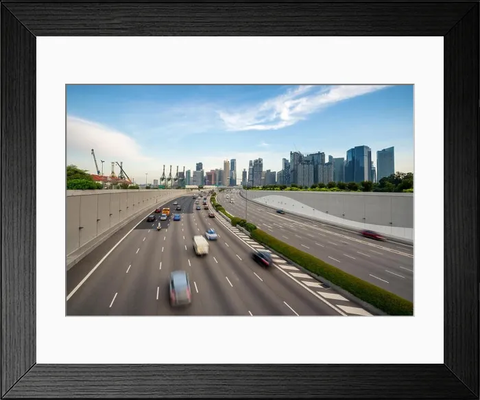 Framed Print : Singapore city, Marina bay finance and trade zone with traffic in city in morning at Singapore. Asia Framed Print : Singapore city, Marina bay finance and trade zone with traffic in city in morning at Singapore. Asia