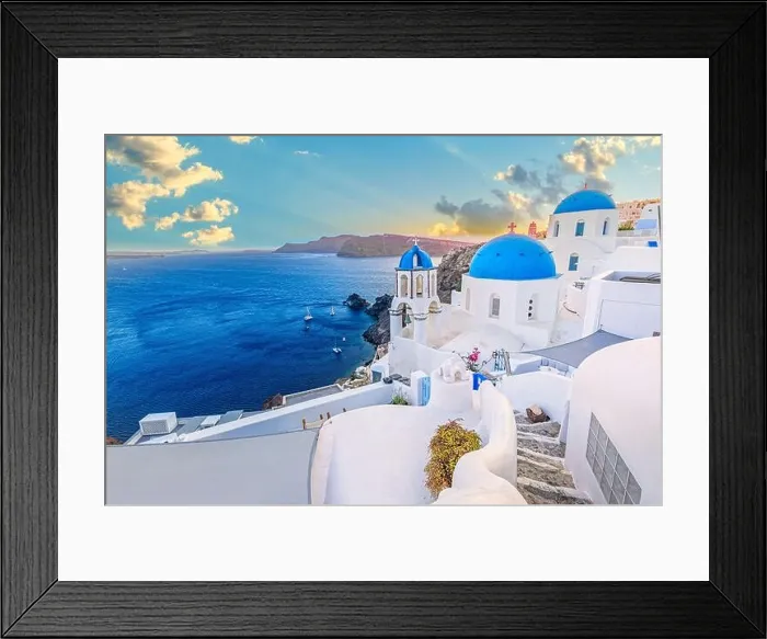 Framed Print : Europe summer destination. Traveling concept, sunset scenic famous landscape of Santorini island, Oia, Greece. Caldera view, colorful clouds, dream Framed Print : Europe summer destination. Traveling concept, sunset scenic famous landscape of Santorini island, Oia, Greece. Caldera view, colorful clouds, dream