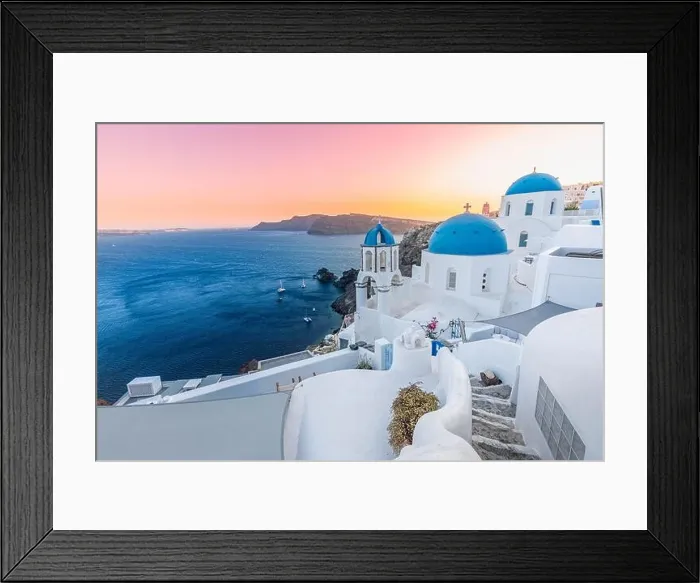 Framed Print : Europe summer destination. Traveling concept, sunset scenic famous landscape of Santorini island, Oia, Greece. Caldera view, colorful clouds, dream Framed Print : Europe summer destination. Traveling concept, sunset scenic famous landscape of Santorini island, Oia, Greece. Caldera view, colorful clouds, dream