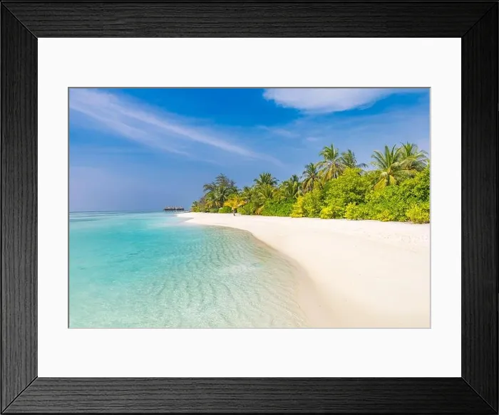 Framed Print : Tropical beach background as summer landscape with beach swing or hammock and white sand and calm sea for beach banner. Perfect beach scene vacation Framed Print : Tropical beach background as summer landscape with beach swing or hammock and white sand and calm sea for beach banner. Perfect beach scene vacation