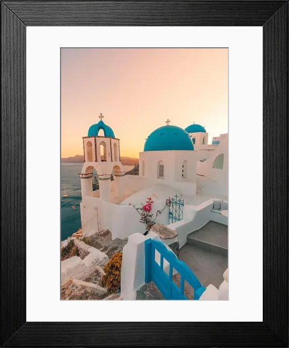 Framed Print : Europe summer destination. Traveling concept, sunset scenic famous landscape of Santorini island, Oia, Greece. Caldera view, colorful clouds, dream Framed Print : Europe summer destination. Traveling concept, sunset scenic famous landscape of Santorini island, Oia, Greece. Caldera view, colorful clouds, dream