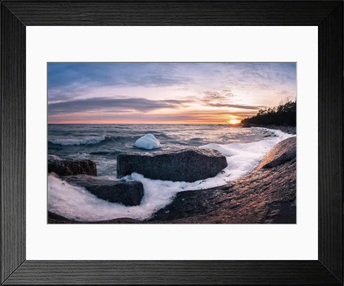 Framed Print : Scenic landscape with sea and sunset at winter time Framed Print : Scenic landscape with sea and sunset at winter time