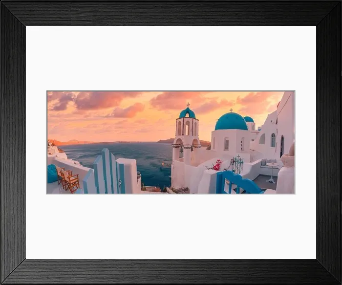 Framed Print : Europe summer destination. Traveling concept, sunset scenic famous landscape of Santorini island, Oia, Greece. Caldera view, colorful clouds, dream Framed Print : Europe summer destination. Traveling concept, sunset scenic famous landscape of Santorini island, Oia, Greece. Caldera view, colorful clouds, dream