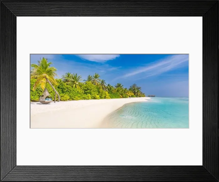Framed Print : Tropical beach background as summer landscape with beach swing or hammock and white sand and calm sea for beach banner. Perfect beach scene vacation Framed Print : Tropical beach background as summer landscape with beach swing or hammock and white sand and calm sea for beach banner. Perfect beach scene vacation