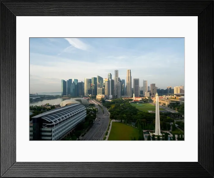 Framed Print : Panorama of Singapore business district skyline and Singapore skyscraper with War Memorial Park in morning at Marina Bay, Singapore Framed Print : Panorama of Singapore business district skyline and Singapore skyscraper with War Memorial Park in morning at Marina Bay, Singapore