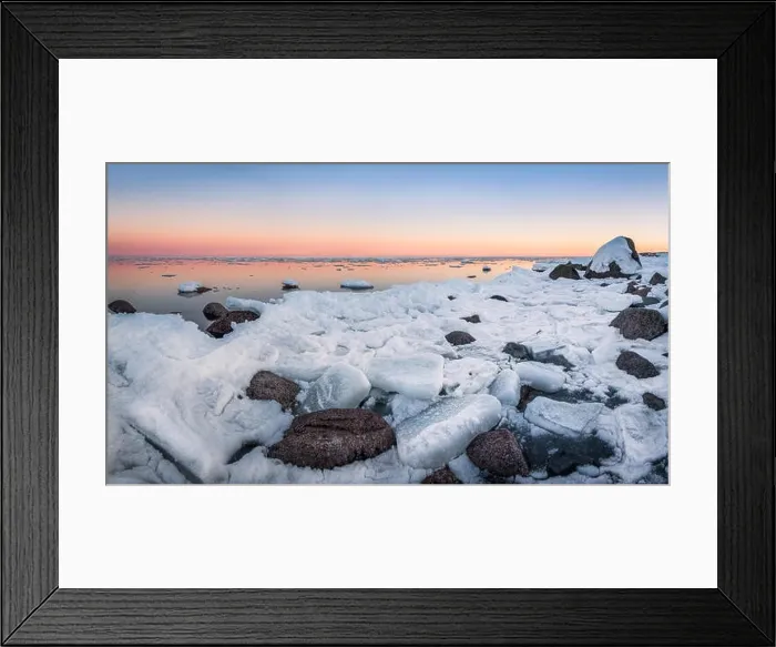 Framed Print : Scenic landscape with sea and sunset at winter time Framed Print : Scenic landscape with sea and sunset at winter time