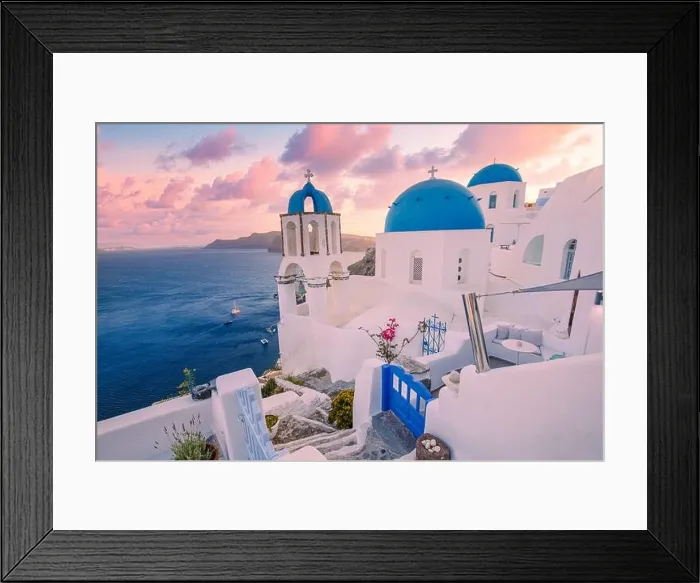 Framed Print : Europe summer destination. Traveling concept, sunset scenic famous landscape of Santorini island, Oia, Greece. Caldera view, colorful clouds, dream Framed Print : Europe summer destination. Traveling concept, sunset scenic famous landscape of Santorini island, Oia, Greece. Caldera view, colorful clouds, dream