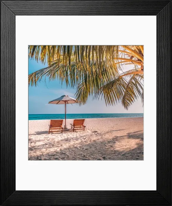 Framed Print : Beautiful tropical sunset scenery, two sun beds loungers umbrella palm tree. White sand, sea view with horizon, colorful twilight sky, beach resort Framed Print : Beautiful tropical sunset scenery, two sun beds loungers umbrella palm tree. White sand, sea view with horizon, colorful twilight sky, beach resort