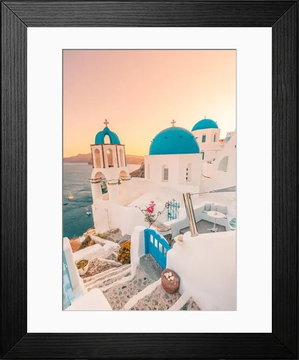 Framed Print : Europe summer destination. Traveling concept, sunset scenic famous landscape of Santorini island, Oia, Greece. Caldera view, colorful clouds, dream Framed Print : Europe summer destination. Traveling concept, sunset scenic famous landscape of Santorini island, Oia, Greece. Caldera view, colorful clouds, dream