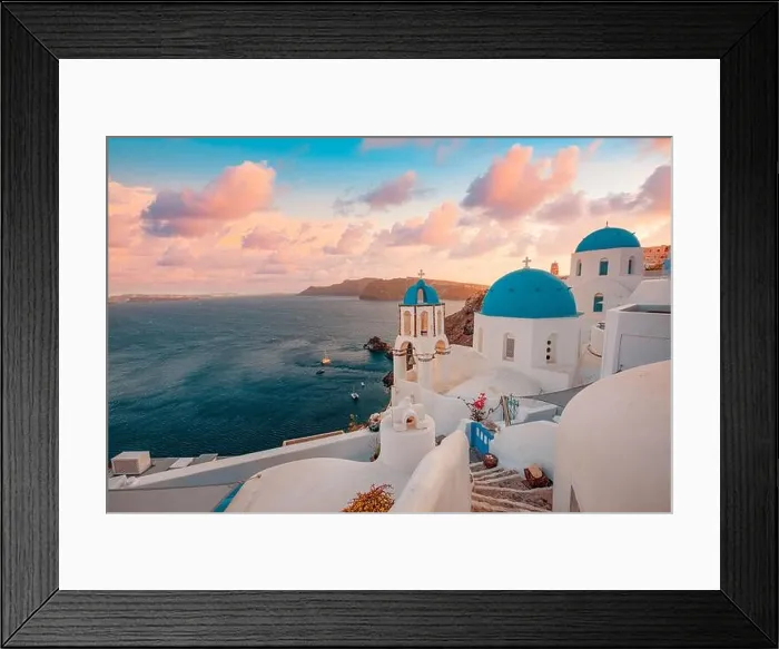 Framed Print : Europe summer destination. Traveling concept, sunset scenic famous landscape of Santorini island, Oia, Greece. Caldera view, colorful clouds, dream Framed Print : Europe summer destination. Traveling concept, sunset scenic famous landscape of Santorini island, Oia, Greece. Caldera view, colorful clouds, dream