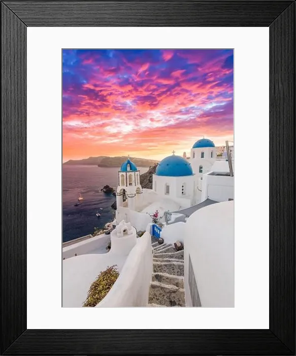 Framed Print : Europe summer destination. Traveling concept, sunset scenic famous landscape of Santorini island, Oia, Greece. Caldera view, colorful clouds, dream Framed Print : Europe summer destination. Traveling concept, sunset scenic famous landscape of Santorini island, Oia, Greece. Caldera view, colorful clouds, dream