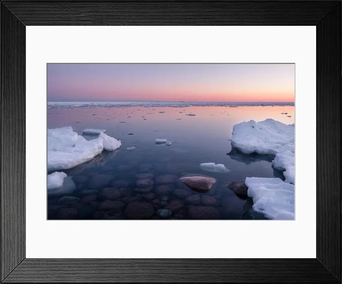 Framed Print : Scenic seascape with sunset and nice stones under the water at winter time Framed Print : Scenic seascape with sunset and nice stones under the water at winter time