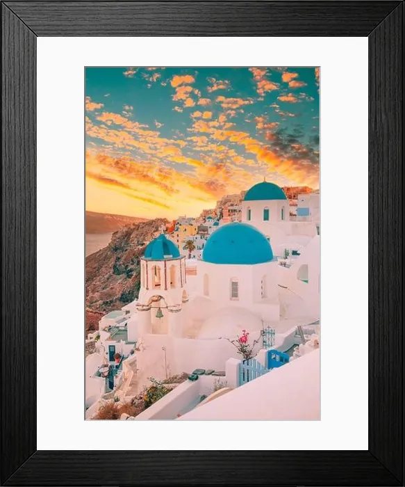 Framed Print : Europe summer destination. Traveling concept, sunset scenic famous landscape of Santorini island, Oia, Greece. Caldera view, colorful clouds, dream Framed Print : Europe summer destination. Traveling concept, sunset scenic famous landscape of Santorini island, Oia, Greece. Caldera view, colorful clouds, dream