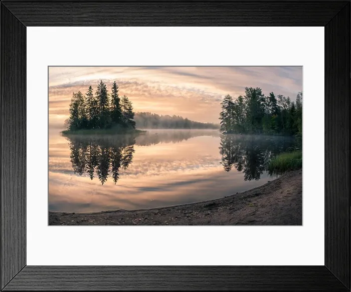 Framed Print : Scenic landscape with pond and fog at autumn morning Framed Print : Scenic landscape with pond and fog at autumn morning