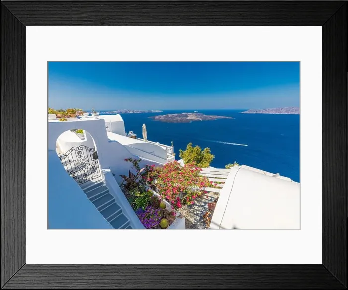 Framed Print : Summer vacation urban scenic of luxury famous destination. White architecture in Santorini, Greece. Perfect travel scenery with terrace sunny blue sky Framed Print : Summer vacation urban scenic of luxury famous destination. White architecture in Santorini, Greece. Perfect travel scenery with terrace sunny blue sky