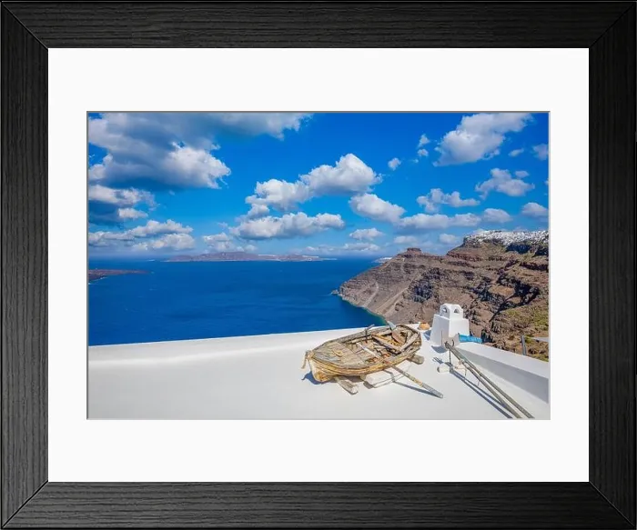 Framed Print : Summer vacation urban scenic of luxury famous destination. White architecture in Santorini, Greece. Perfect travel scenery with terrace sunny blue sky Framed Print : Summer vacation urban scenic of luxury famous destination. White architecture in Santorini, Greece. Perfect travel scenery with terrace sunny blue sky