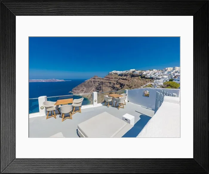 Framed Print : Summer vacation urban scenic of luxury famous destination. White architecture in Santorini, Greece. Perfect travel scenery with terrace sunny blue sky Framed Print : Summer vacation urban scenic of luxury famous destination. White architecture in Santorini, Greece. Perfect travel scenery with terrace sunny blue sky