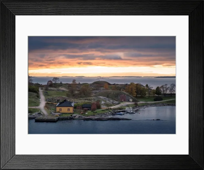 Framed Print : Scenic landscape with sunset and idyllic village in Gulf Of Finland Framed Print : Scenic landscape with sunset and idyllic village in Gulf Of Finland