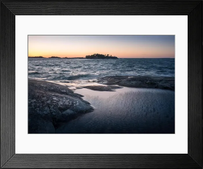 Framed Print : Seascape with windy weather and sunset at evening light in coastline, Finland Framed Print : Seascape with windy weather and sunset at evening light in coastline, Finland