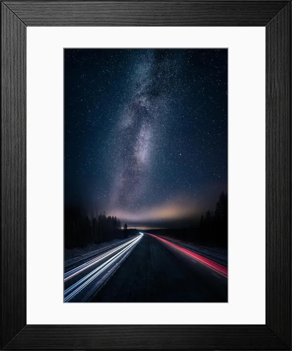 Framed Print : Scenic night landscape with milky way and highway Framed Print : Scenic night landscape with milky way and highway