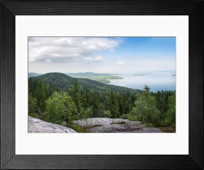 Framed Print : Scenic landscape with lake and lush forest at day time in Koli, national park, Finland Framed Print : Scenic landscape with lake and lush forest at day time in Koli, national park, Finland