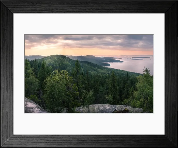 Framed Print : Scenic landscape with lake and sunset at evening in Koli, national park Framed Print : Scenic landscape with lake and sunset at evening in Koli, national park