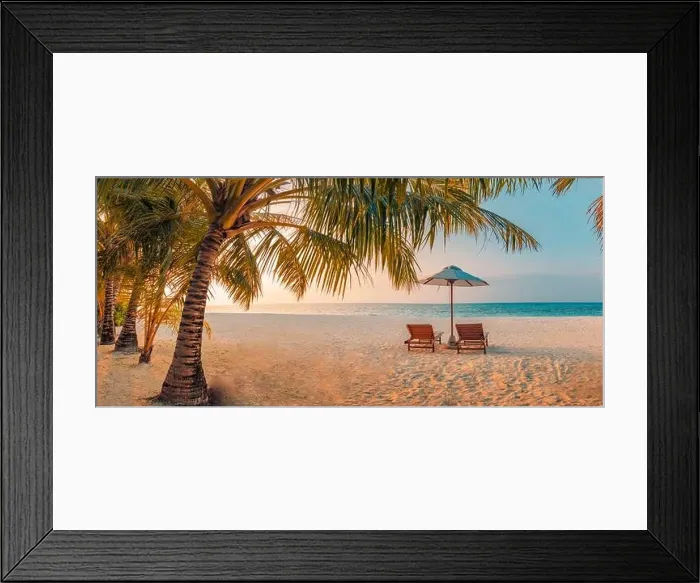 Framed Print : Beautiful tropical sunset scenery, two sun beds loungers umbrella palm tree. White sand, sea view with horizon, colorful twilight sky, beach resort