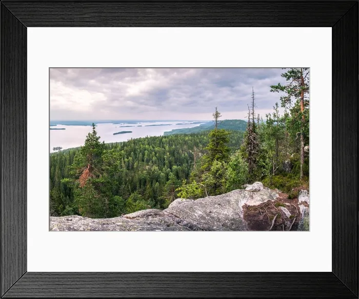 Framed Print : Scenic landscape with lake and sunset at evening in Koli, national park Framed Print : Scenic landscape with lake and sunset at evening in Koli, national park