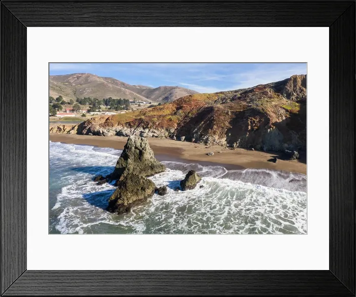 Framed Print : Seen from an aerial perspective, the cold waters of the Pacific Ocean wash against the rocky Northern California coastline in Marin Framed Print : Seen from an aerial perspective, the cold waters of the Pacific Ocean wash against the rocky Northern California coastline in Marin