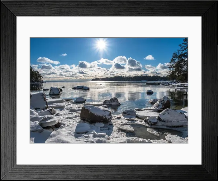 Framed Print : Scenic landscape with bright sun and sea at winter time Framed Print : Scenic landscape with bright sun and sea at winter time