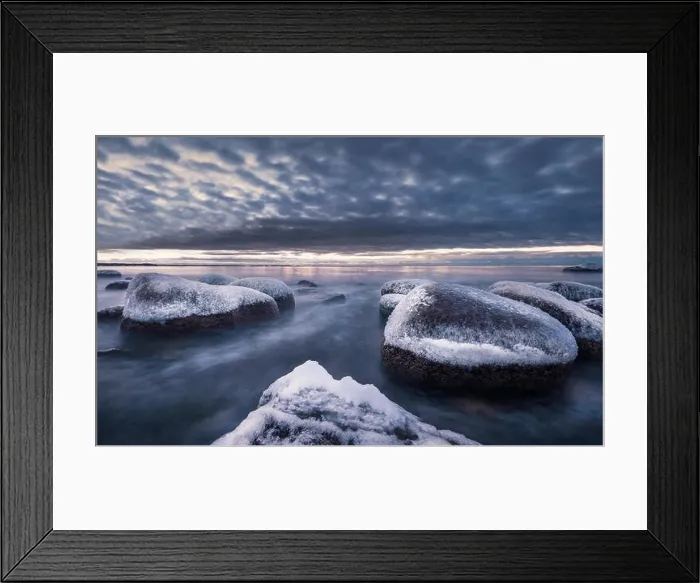Framed Print : Scenic landscape with sea and sunset at winter time in rocky coastline Framed Print : Scenic landscape with sea and sunset at winter time in rocky coastline