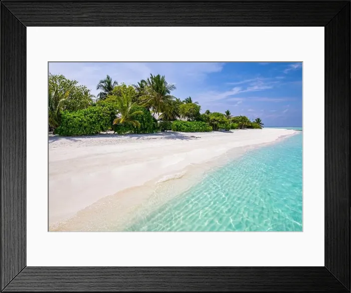 Framed Print : Beautiful beach with palm trees moody sky. Summer vacation travel holiday background concept. Maldives paradise beach. Luxury travel summer holiday Framed Print : Beautiful beach with palm trees moody sky. Summer vacation travel holiday background concept. Maldives paradise beach. Luxury travel summer holiday
