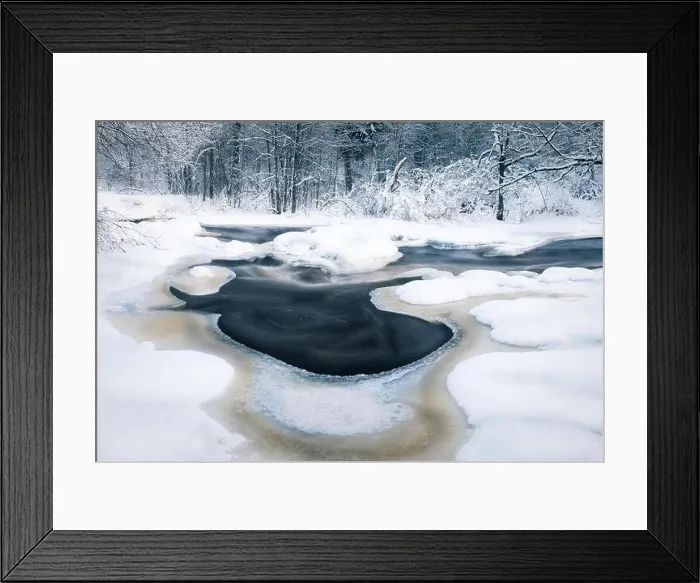 Framed Print : Scenic landscape with flowing river at winter morning Framed Print : Scenic landscape with flowing river at winter morning