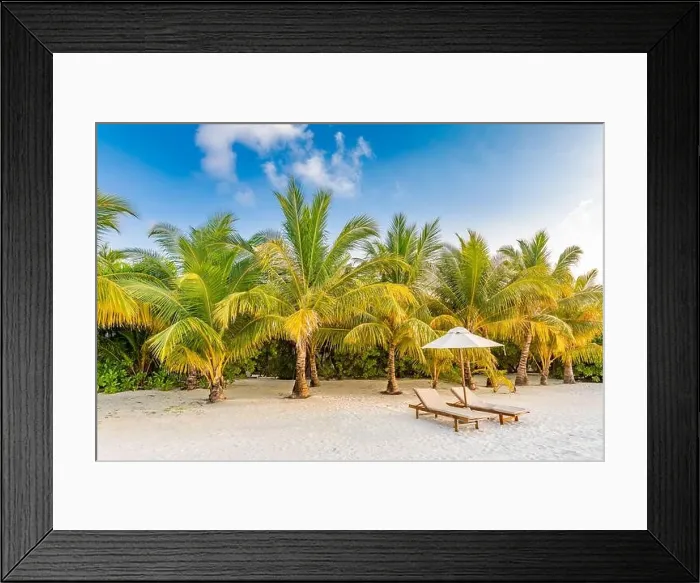 Framed Print : Sunset beach landscape, couple travel honeymoon destination. Luxury holiday summer vacation tropical island view close to sea. Loungers umbrella chair Framed Print : Sunset beach landscape, couple travel honeymoon destination. Luxury holiday summer vacation tropical island view close to sea. Loungers umbrella chair
