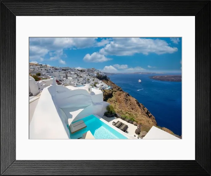 Framed Print : Santorini, Greece landscape, pool caldera view with flowers blue doors. Romantic couple destination with sunny sky, wonderful summer travel hotel Framed Print : Santorini, Greece landscape, pool caldera view with flowers blue doors. Romantic couple destination with sunny sky, wonderful summer travel hotel