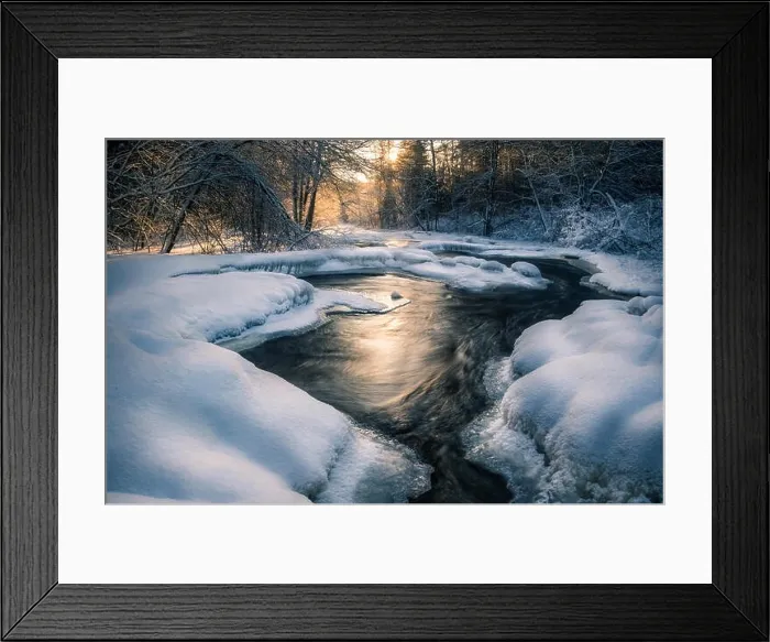 Framed Print : Scenic landscape with flowing river at winter morning Framed Print : Scenic landscape with flowing river at winter morning