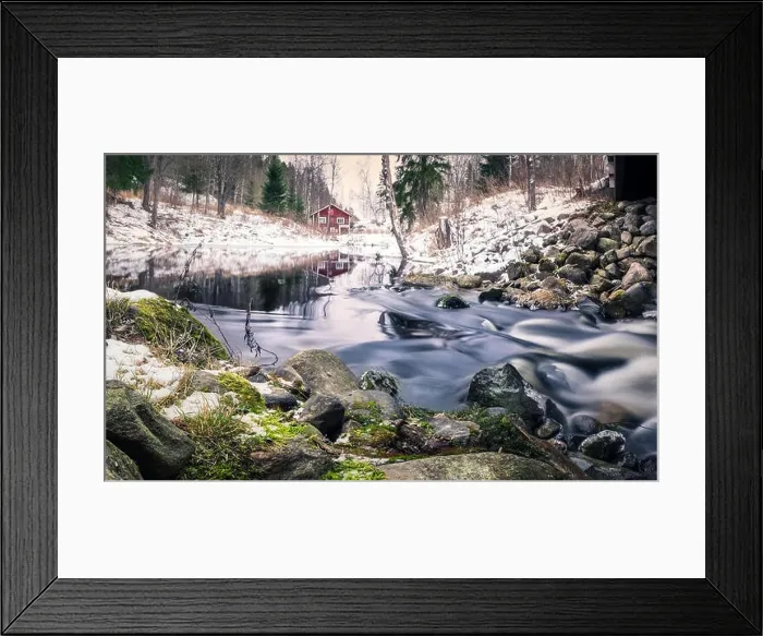 Framed Print : Scenic landscape with river and abandoned cottage at winter Framed Print : Scenic landscape with river and abandoned cottage at winter