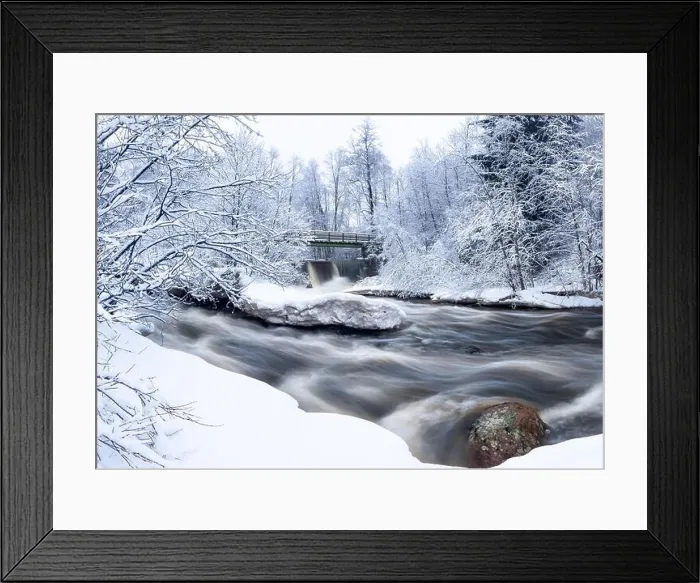 Framed Print : Scenic landscape with flowing river at winter morning