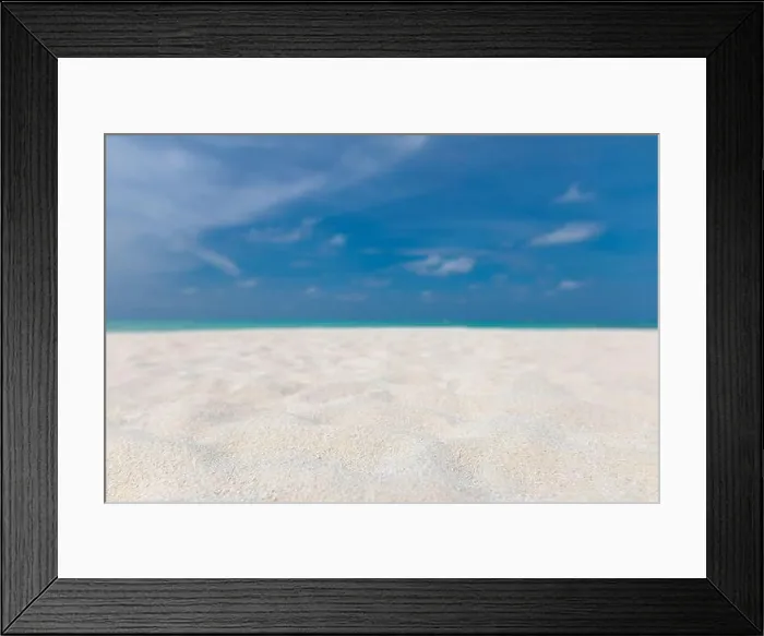 Framed Print : Summer beach background. Sand and sea and sky. Empty tropical beach background. Horizon with sky and white sand Framed Print : Summer beach background. Sand and sea and sky. Empty tropical beach background. Horizon with sky and white sand