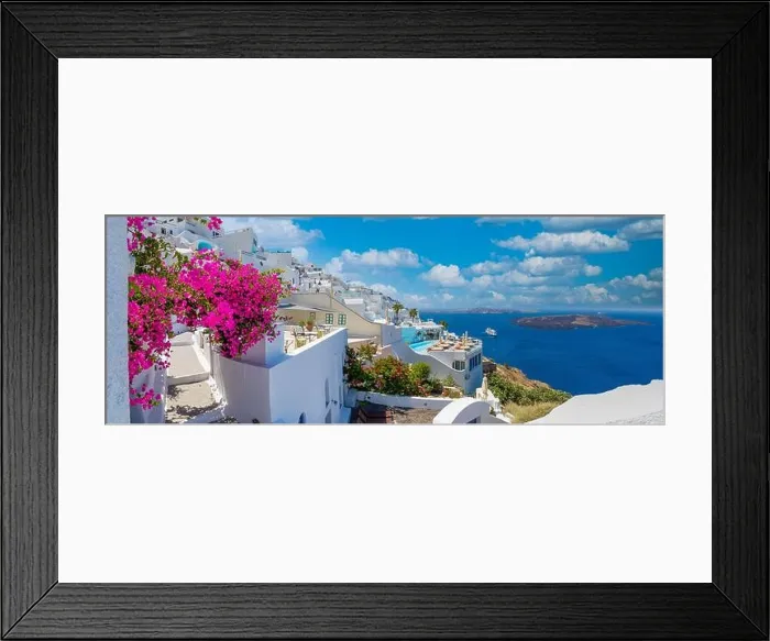 Framed Print : Beautiful panoramic travel view on the mediterranean blue sea, caldera and volcano. Traditional white architecture of Santorini island, Thira, Greece Framed Print : Beautiful panoramic travel view on the mediterranean blue sea, caldera and volcano. Traditional white architecture of Santorini island, Thira, Greece