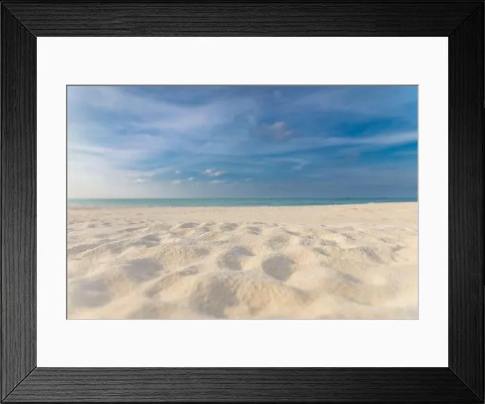 Framed Print : Summer beach background. Sand and sea and sky. Empty tropical beach background. Horizon with sky and white sand Framed Print : Summer beach background. Sand and sea and sky. Empty tropical beach background. Horizon with sky and white sand