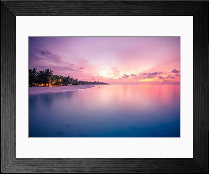 Framed Print : Sunset on the beach, tropical nature pattern. Amazing seascape with exotic island view. Coastline under colorful sky, dream sunset landscape, seascape Framed Print : Sunset on the beach, tropical nature pattern. Amazing seascape with exotic island view. Coastline under colorful sky, dream sunset landscape, seascape