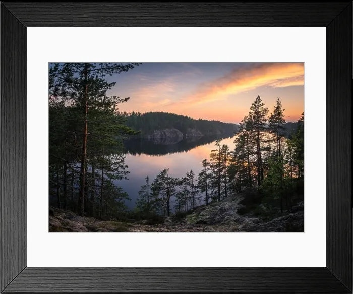 Framed Print : Scenic landscape with sunset and lake at summer evening in Finland Framed Print : Scenic landscape with sunset and lake at summer evening in Finland