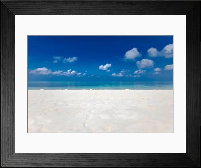 Framed Print : Summer beach background. Sand and sea and sky. Empty tropical beach background. Horizon with sky and white sand Framed Print : Summer beach background. Sand and sea and sky. Empty tropical beach background. Horizon with sky and white sand
