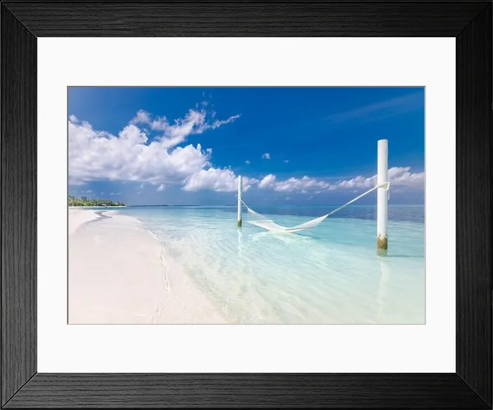 Framed Print : Tropical chill out, luxury beach with over water hammock endless sea view, exotic seascape. Summer vacation, holiday destination, relax and peaceful