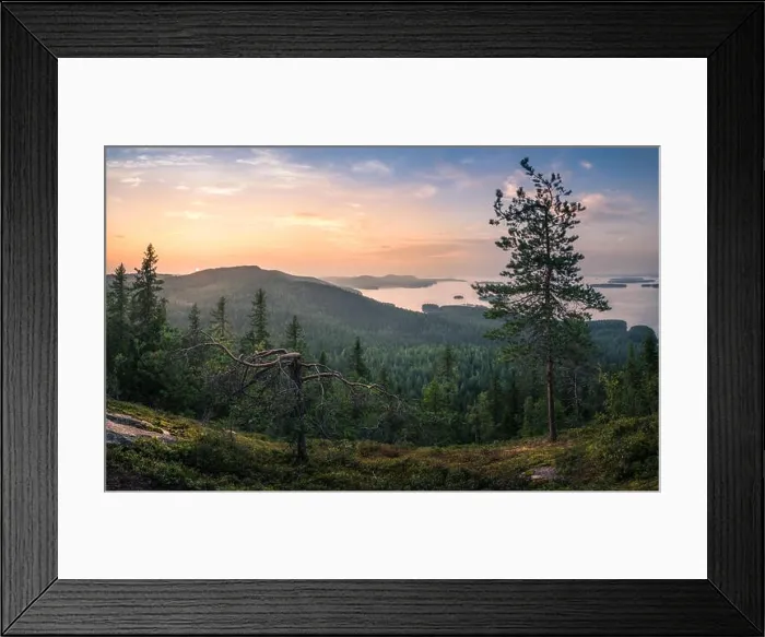 Framed Print : Scenic landscape with lake and sunset at evening in national park Framed Print : Scenic landscape with lake and sunset at evening in national park