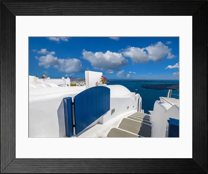Framed Print : Summer vacation urban scenic of luxury famous destination. White architecture in Santorini, Greece. Perfect travel scenery with terrace sunny blue sky Framed Print : Summer vacation urban scenic of luxury famous destination. White architecture in Santorini, Greece. Perfect travel scenery with terrace sunny blue sky