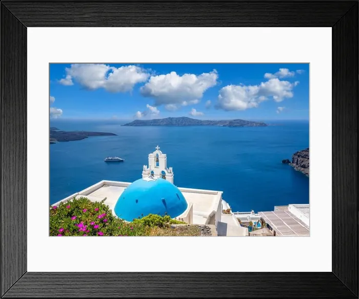 Framed Print : Relaxing and romantic view with white architecture in Santorini Greece, caldera view over blue sea and volcano island. Summer landscape for travelling Framed Print : Relaxing and romantic view with white architecture in Santorini Greece, caldera view over blue sea and volcano island. Summer landscape for travelling