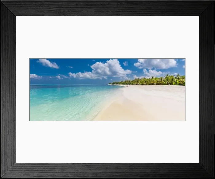 Framed Print : Beautiful beach with palm trees on tropical island beach on background blue sky with white clouds and turquoise ocean on sunny day. Exotic beach scene Framed Print : Beautiful beach with palm trees on tropical island beach on background blue sky with white clouds and turquoise ocean on sunny day. Exotic beach scene